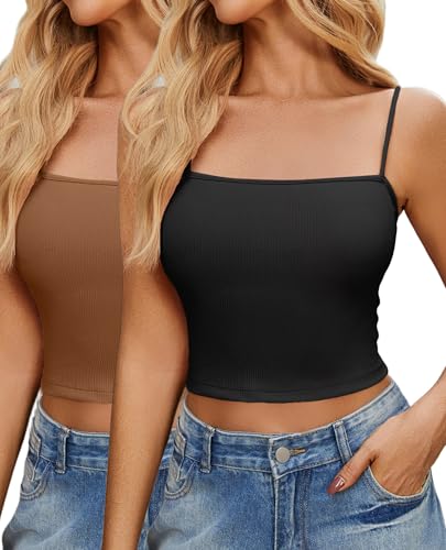 Ekouaer Damen 2er Pack Tank Top Sexy Crop Top Basic Stretch Unterhemd...