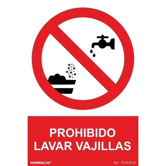 Señal Prohibido Lavar Vajillas Con (texto y pictograma) con tintas UV SEKURECO