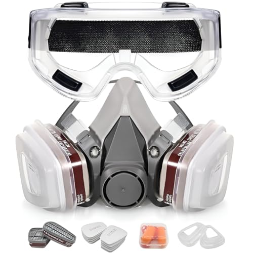 MIVARO Respirator Mask for Spray Painting with Safety Goggles Reusable Half Face Gas Mask with Dual Filters Organic Vapor Protection Dust for Chemical Industrial Automotive Use