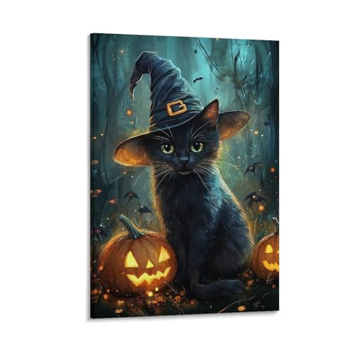絵画 黒猫が魔女の帽子をかぶっている アートパネル ポスター インテリア モダン 風景画 装飾画 玄関 壁掛け キャンバス 飾り絵 シリーズ アートボード 部屋飾り 壁飾り 壁の絵 ソファの背景絵画 木枠付きの完成品 40x60cm