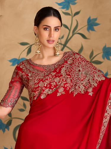 Image of AKHILAM Women's Satin Sequence Embroidery Saree With Unstitched Blouse Piece(SNDLWOD1601 TFH Parent)