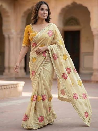 Image of SIRIL Women's Embroidery, Mirror Work, Scalloped Border Shimmer Georgette Saree With Unstitched Blouse Piece