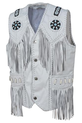 Image of Men's Western Cowhide Suede & Leather Vest - Beaded Fringe Yoke & Back Native-Inspired Cowboy Biker Vest
