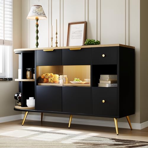 Ymkua Sideboards, Buffetschränke für Wohnzimmer und Esszimmer, Schränke mit Glasschiebetüren und LED-Leuchten, Sideboards aus Holz, Freistehende Schränke, Moderne Kommode Schrank, Schwarz,130x40x80 cm