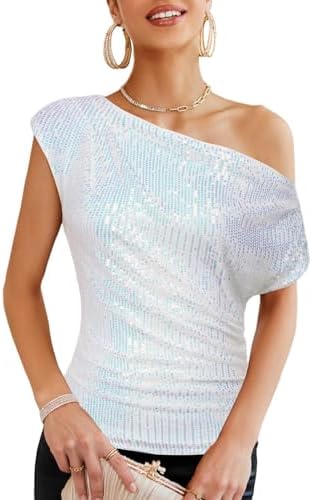 GRACE KARIN Damen Pailletten Oberteil One-Shoulder Festliches Party Outfit | Raffiniertes Design, Asymmetrischer Schulterausschnitt, Funkelnde Pailletten, Leicht dehnbar, Vollständ