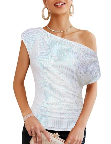 GRACE KARIN Women's Sequin Glitter Party Top for Festive Outfits, Bright White, L