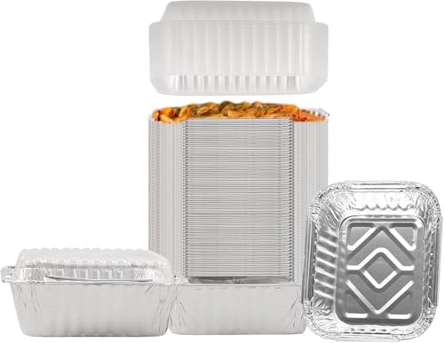 PARTY BARGAINS 1 Lb. Small Aluminum Pan with Lids - 50 Pack Set with Plastic Dome Lids, 5.5