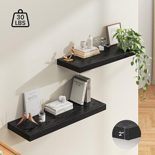 Image of Dreamland 40 inch Floating Shelves for Wall, 12 inch Deep Thicker Black Floating Shelves, Wall-Mounted Shelves for Bedroom, Living Room, Kitchen, Bathroom - Set of 2