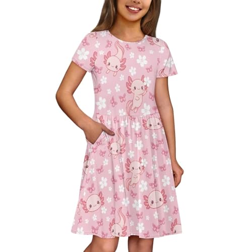 Image of Girls Dress with Pockets Basic Short Sleeve High Waist Swing Skater Dress School Party Dress for Kids