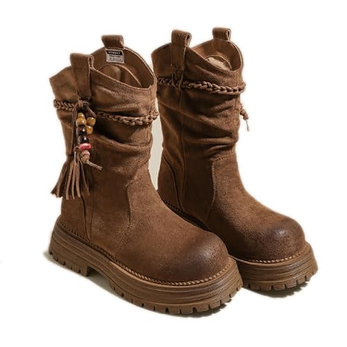 Women'S Suede Braided Fringe Strap Platform Chunky Heel Slouchy Mid-Calf Boots Autumn Winter Pull-On Lug Sole Low Block Heel Wide Width Boots