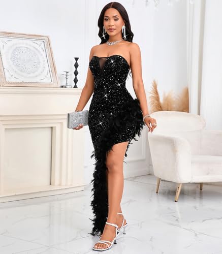 Image of dasmzper Women's Sexy Sequin Off The Shoulder V Neck Mesh See Through Dress Feather Hem Bodycon Evening Maxi Dress