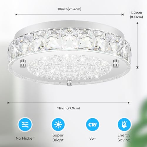 Crystal Chandeliers Flush Mount LED Ceiling Light Fixture, 5000K Daylight White Super Bright 1980LM 11-Inch Dimmable Farmhouse Kitchen Light Modern Ceiling Lamp for Bedroom Bathroom Nursery