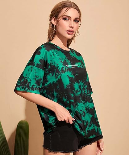 Image of London Hills tie dye Tshirt for Women Oversized t Shirts for Women Drop Shoulder Tshirt Pure Cotton Half Sleeve T-Shirt Green Black