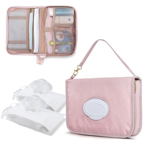 Image of Rexmica Diaper Clutch Bag with 2 Pieces Wipes Dispensers, Small Diaper Bag with Multiple Pockets for Storage of Baby Necessities, Baby Travel Essential, Pink