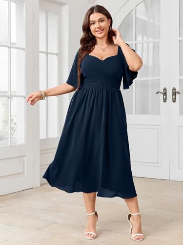 Image of SHESTARR Women's Plus Size Midi Dress Sweetheart Neck Short Sleeve Wedding Guest Cocktail A Line Flowy Dress