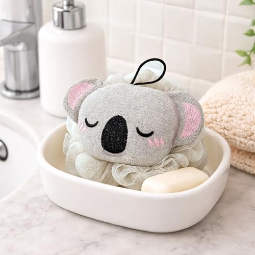 Image of Luxe Home International Bath Sponge For Kids And Adult Microfibre Soft Shower Loofah Koala Pattern Gentle Skin Exfoliating Body Scrubber For Toddler Grey 15x17cm Pack Of 1