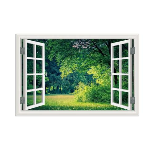 Poster fausse fenetre et tableau sur toile decoration murale salon herbe verte 90x60
