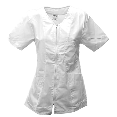 Kittel, Bluse, Arbeitskleidung für Kosmetikerin, Friseuse, Schönheitssalon, Massagesalon, mit Reißverschluss, aus Baumwolle XL Bianco