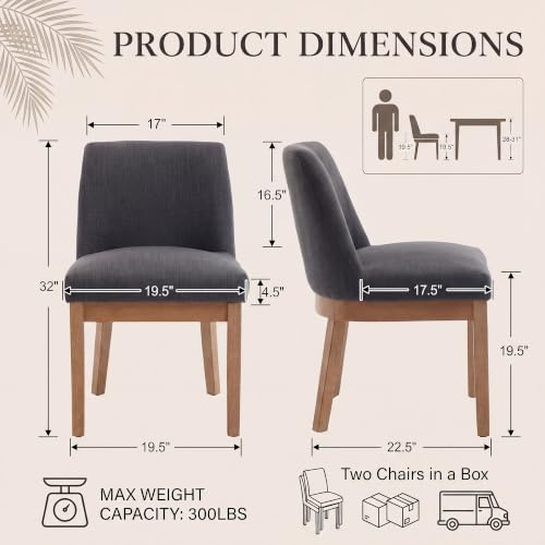 Image of Charcoal Linen Dining Chairs Set of 2, Soft Upholstered Dining Room Chairs | Comfortable Back Support, Sturdy Brushed Solid Wood Legs, Modern Farmhouse Kitchen Chairs for Living Room, Home, Apartment