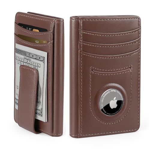 ALLIVE Airtag wallet for men- Genuine Leather Mens Wallet with Money Clip RFID Blocking Slim Billfold with Built-in AirTag Holder,9 Card Slots, Minimalist men wallet with Gift Box Saddle Brown