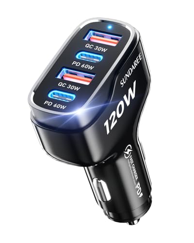 SUNDAREE Billaddare USB C,120W 4 Portar 12V 24V PD QC Snabbladdning Typ C Laddare Cigarettändare Bil Mobiltelefon Adapter för Samsung A55/Redmi Note 13/iPad/Galaxy Tab/Macbook