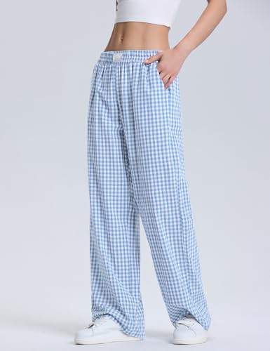 Rapbin Schlafanzughose Damen Lang Pyjamahose Karierte Schlafhose Weich Freizeithose für Frauen Loungehose mit Taschen Blau