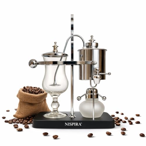 Nispira Belgian Balance Syphon Vacuum Coffee Maker, 500 ml Vintage Gravity Brewing System, Silver Finish, Manual Tabletop Coffee Brewer