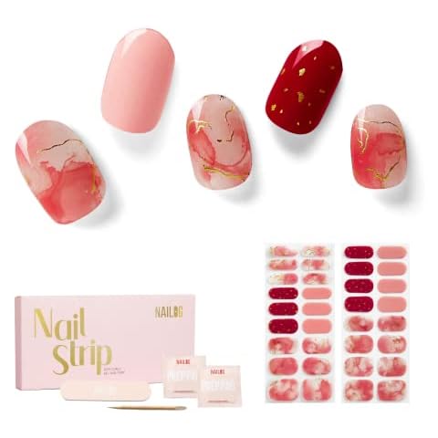 Nailog Semi Cured Gel Nail Strips 34 pcs | Long Lasting Nail Polish Sticker Wraps with Glossy Gel Finish | Rose Cloud Cover