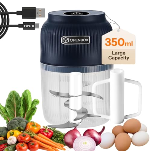 Image of OPENBOX Mini Electric Chopper & USB-C Portable Blender - 350 ml Food Processor, Egg Beater & Coffee /Protein Mixer - Whisk Froth Milk Puree Blend Fruits & Veggies - Rechargeable Kitchen Gadget (Blue)