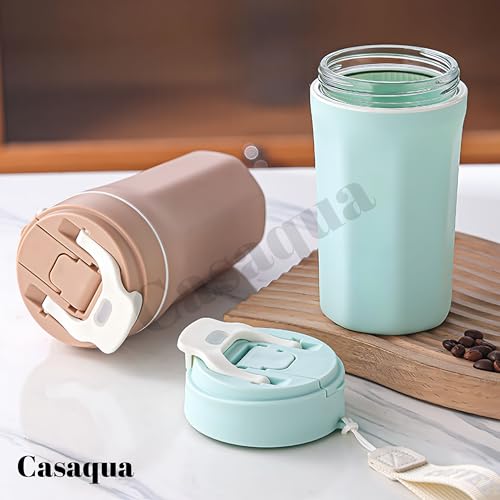 Image of Reusable Coffee Travel Mug with Leakproof Flip Lid - 400ml, Set of 1, Portable Coffee Cup with Wrist Strap, Coffee Tumbler for Hot & Cold Drinks, Office, Travel, Car, Home (Random Colour)