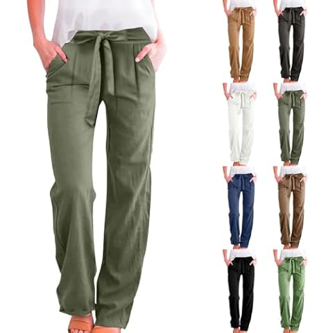 Gumipy Wide Leg Dress Pants for Women Casual High Waisted Linen Pants Tie Knot Lounge Pants with Pockets Loose Comfy Palazzo Pants Business Work Pants Dressy Trousers Pants Straight Leg Yoga Pants Cover