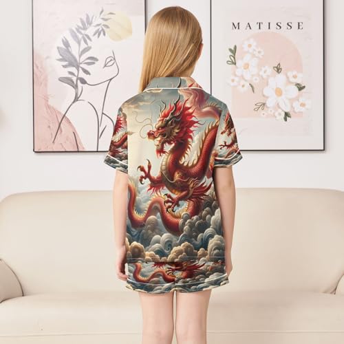 ALAZA Red Chinese Dragon Cloud Sky Satin Pajamas Set Short Sleeve Button Down Sleepwear Summer Pjs 2 Piece4