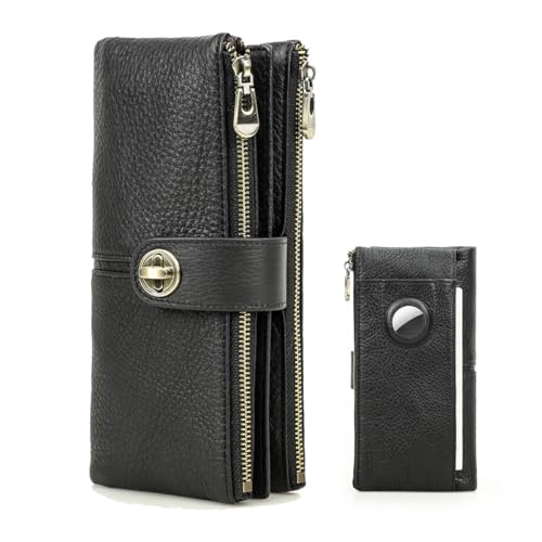 Image of Contacts Turnlock Wallet for Women Leather Airtag Purse Zipper Phone Holder Rfid Bifold Clutch, Black, Minimalist