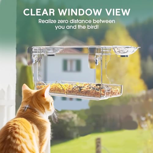 Image of SUNALLY Window Bird Feeder for Outdoors, Clear Wild Bird Feeders Window Mounted with Self-Adhesive Hooks, Outside Hummingbird, burd, Oriole, Finch Bird Watching for Garden, Yard, Elderly Kids Viewing