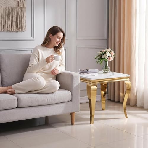Image of Luxury Coffee Table Set of 2, Rectangular Coffee Table with End Side Table, Modern 2 Piece Living Room Table Set with Faux Marble Top & Gold Stainless Steel S Legs for Apartment Home Office
