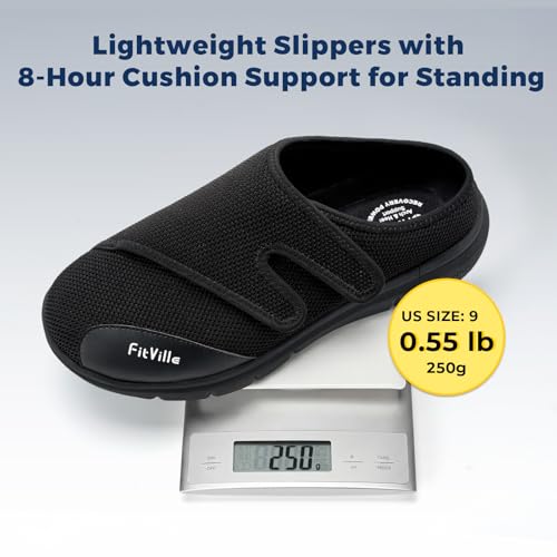 FitVille Diabetic Shoes for Men Slip-On Mules for Swollen Feet Extra Wide Adjustable Clogs Walking Shoes for Plantar Fasciitis Indoors Outdoors (13 X-Wide, Black)