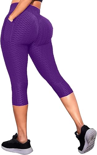 Msicyness Butt Lift Yoga Pants Hight Waist Workout Booty Leggings Bubble Textured Scrunch Tights,Purple,XXL