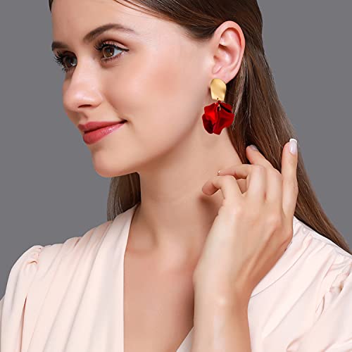 Chic Elegant Boho Red Rose Petal Dangle Resin Acrylic Tiered Matte Flower Earrings Statement Exaggerated Floral Tassel Earrings for Women3