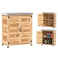 Outsunny Outdoor Storage Cabinet, Wooden Tool Storage Box with Metal Tabletop and Shelf, Potting Bench Table with Double Doors for Patio, Garden, Backyard, Natural Wood