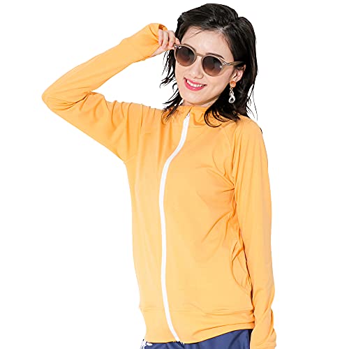 FELLOW フェロー 全38色柄 ラッシュガード パーカー レディース ラッシュパーカー 接触冷感 ラッシュ フードあり 長袖 UVカット UPF50 + 杢オレンジ LLサイズ