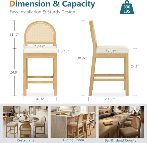 Image of Upholstered Rattan Bar Stools Set of 2, Wooden Island Chairs, Cream White