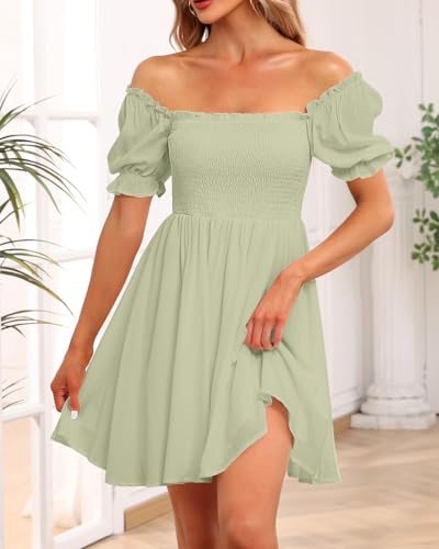Image of Holipick Women's Casual Square Neck Smocked Dress Shirred Ruffle Puff Sleeve High Waist Cute Flowy A-Line Short Dress