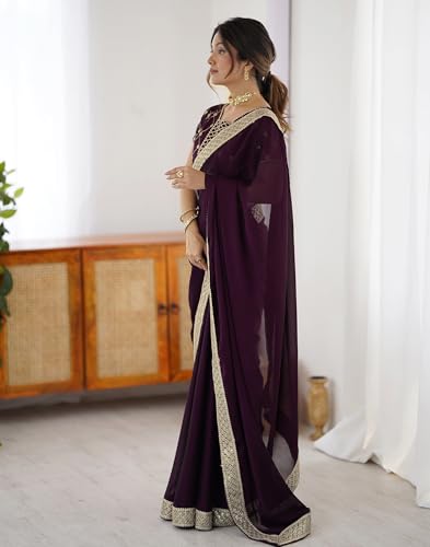 Image of SIRIL Women's Chiffon Sequence Embroidery Lace Saree with Unstitched Blouse Piece