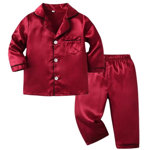 Pijama de satén de manga larga para niños y niñas, color liso, con botonadura simple, conjunto de dos pijamas de descanso (rojo, 4-5 años)