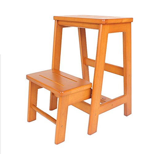 Escalera de taburete plegable en madera de caucho de 2 peldaños color miel 2