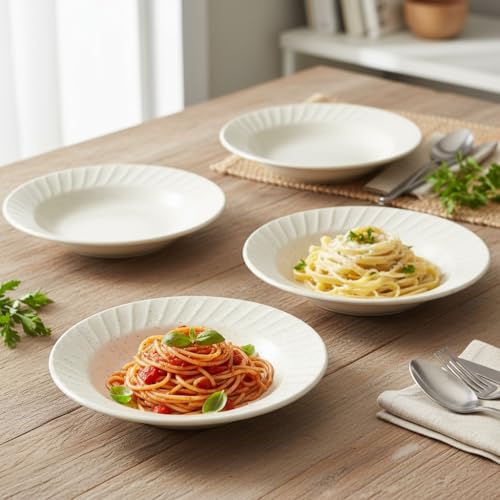 Image of Beyond Homes Ceramic Pasta Plates Shallow, 19 cm, Set of 4, Solid White | Matte Finish Ceramic Pasta Bowl | Flat Stoneware Pasta and Maggie Bowl | Chip-Resistant | Microwave Safe; (4, White Matte)