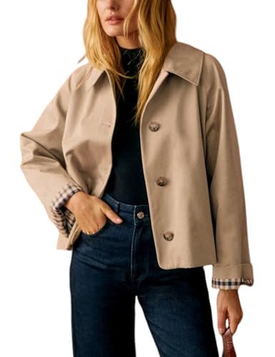 Yeokou Women Oversize Trench Coat Plaid Lining Lapel Button Down Casual Crop Jacket Outwear with Pockets