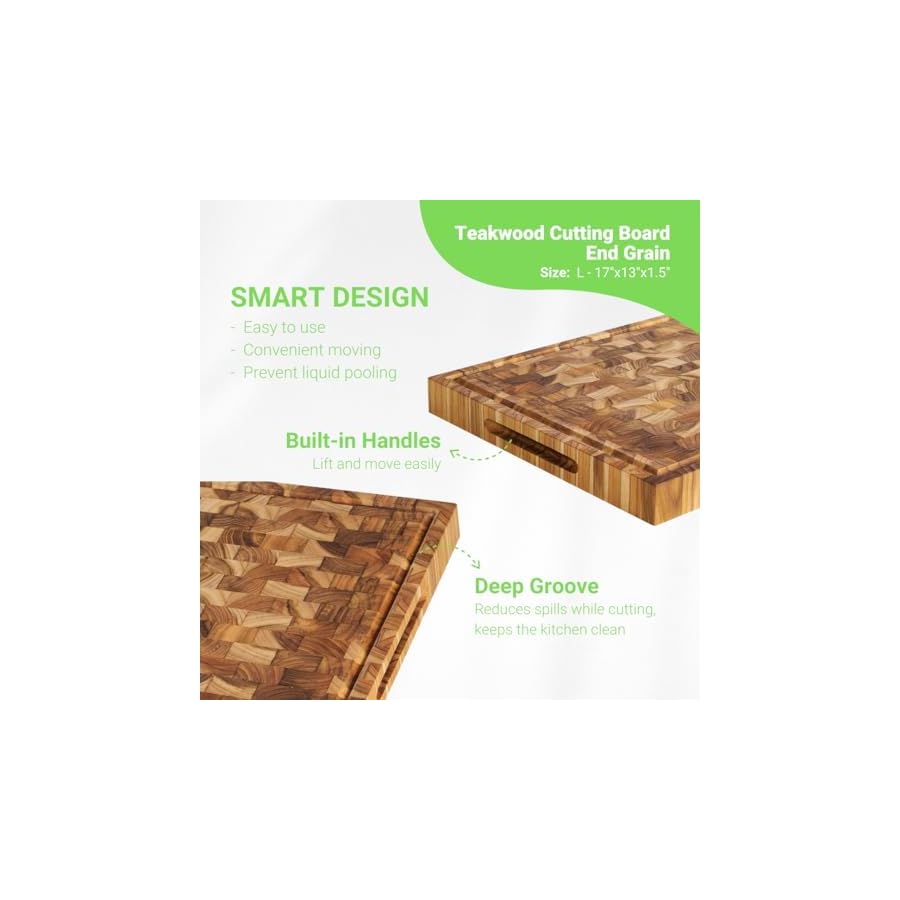 VIETGREEN Durable Teak wood End Grain Cutting Board Sturdy Reversible Teakwood Chopping Board Non-slip Natural Pre-oiled Cutting Board Gifts Sustainable Wooden Carving Board for Kitchen