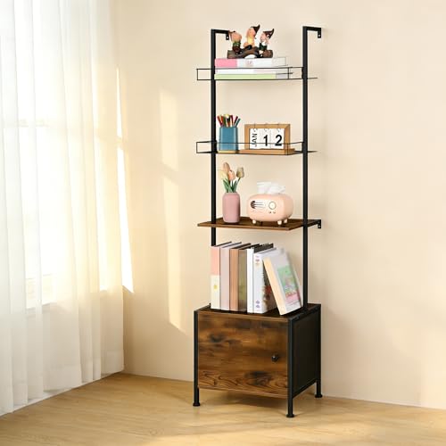 Vrisa 4 Tier Ladder Bookshelf with Drawers Wall Mounted Storage