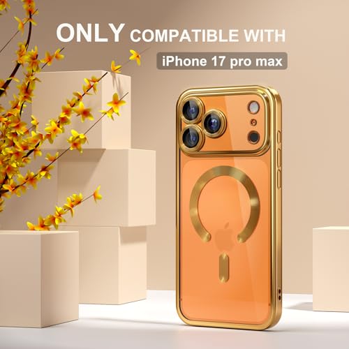Image of Misea Magnetic for iPhone 17 Pro Max Case Compatible MagSafe Gold | [Never Yellowing] [Military Drop Protection] Full Camera Lens Protector Plating Soft Clear Phone Case for Women, Gold